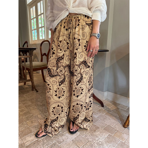 【3/16 春上新】26春波禧风天丝民族风复古系带印花阔腿裤女C8326
