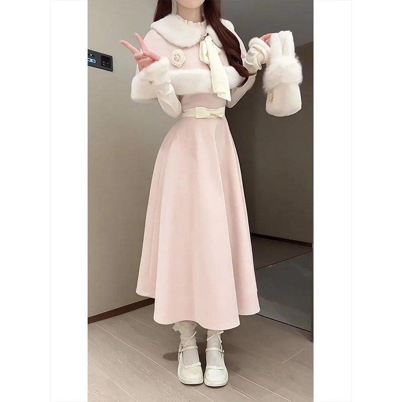 2025秋冬新款千金感甜美假两件蝴蝶结收腰连衣裙+斗篷外套两件套