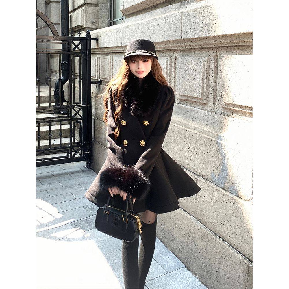 "圣日尔曼"法式毛领黑色收腰毛呢大衣2025年气质名媛风修身外套