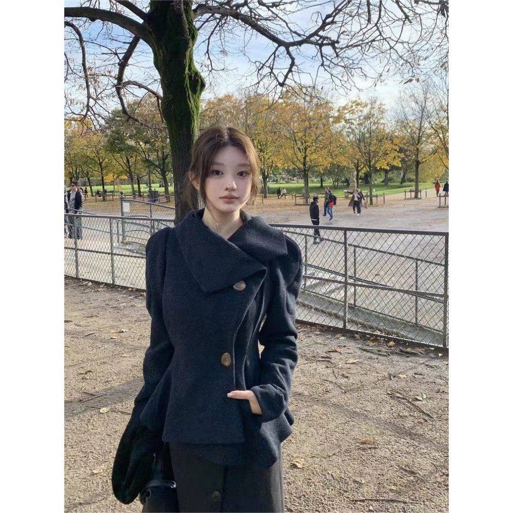 【古着Lady】韩版百搭慵懒花苞下摆呢子外套小众设计感毛呢大衣女