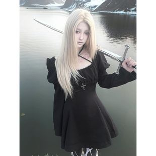 十字夜宴 秋季新款哥特风黑色蕾丝泡泡长袖系带收腰设计感连衣裙