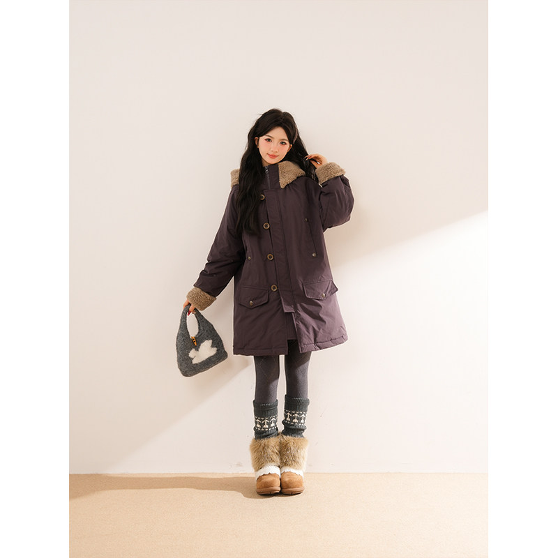 棕境浮纹甜美小个子宽松保暖棉服女冬新款小众设计感减龄工装棉衣