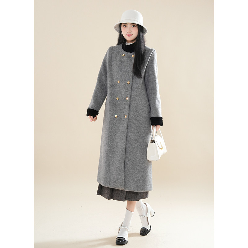 巴黎画报 气质时尚宽松中长款春秋新款立领双排扣呢子大衣女