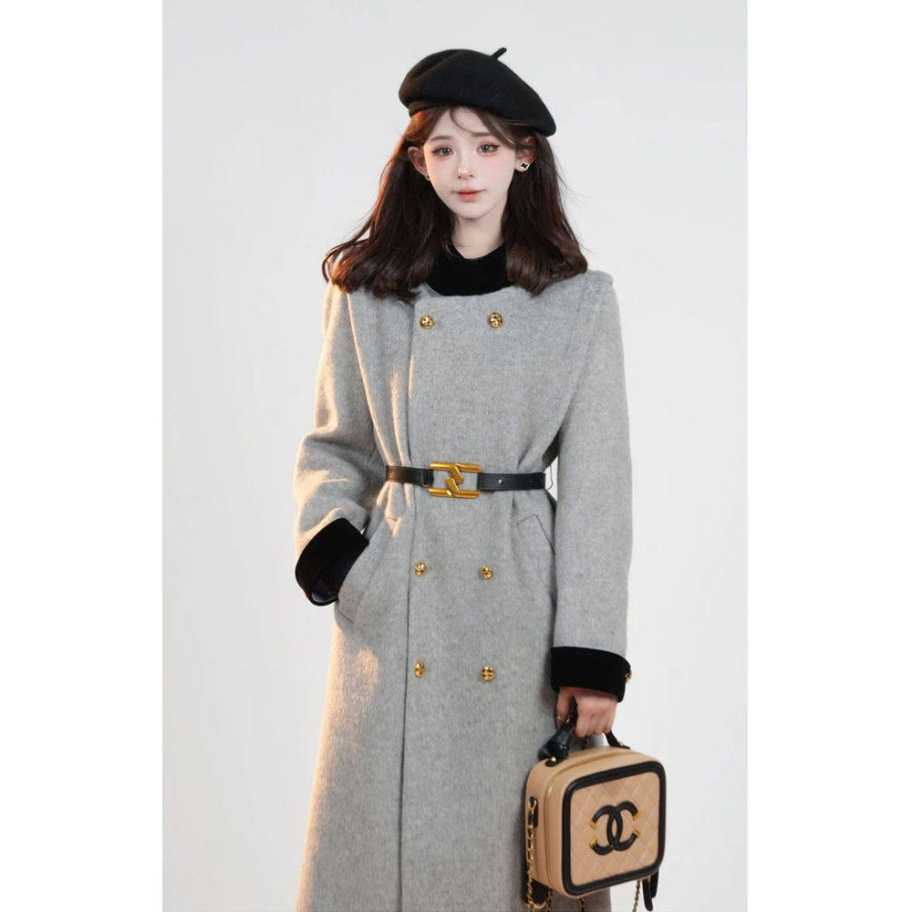 苏黎世的冬 秋冬新款法式赫本毛呢外套高级拼接双排扣中长款大衣