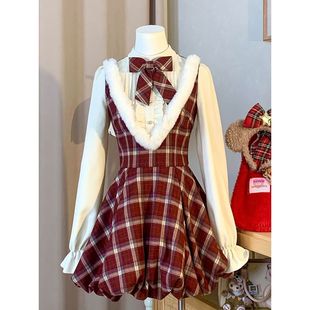 新年氛围感甜美减龄假两件连衣裙拼接毛毛边红色格纹花苞收腰短裙