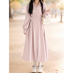 长短款粉色连衣裙新款甜美收腰显瘦衬衫温柔气质到脚踝裙子