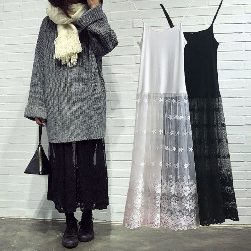春秋内搭高腰修身中长款刺绣蕾丝吊带打底裙大码网纱背心连衣裙女