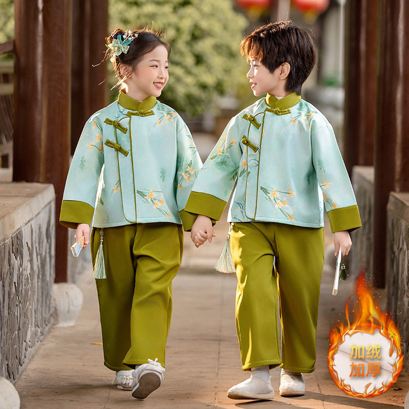 儿童中国风汉服上春山演出服男女童秋冬加绒合唱服运动会冬季套装