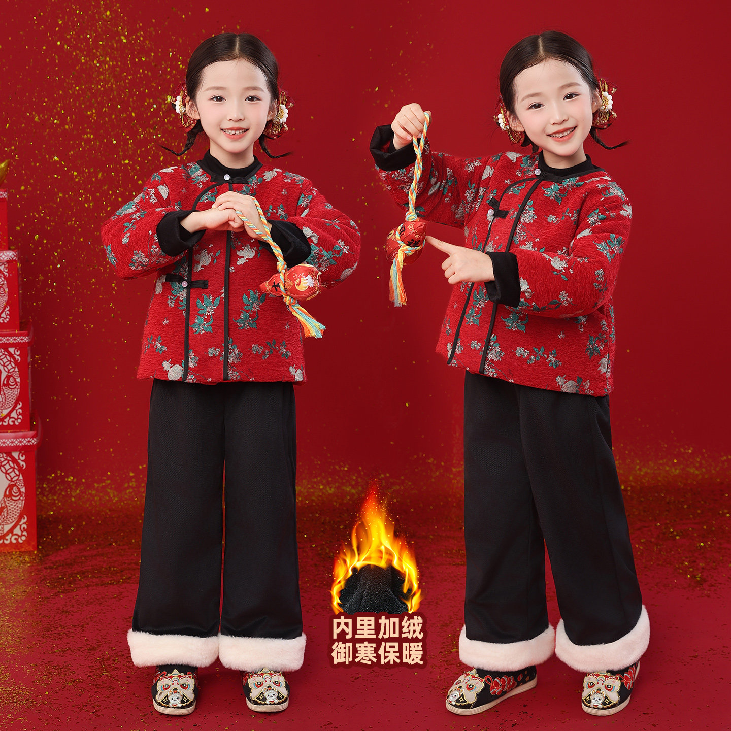 儿童拜年服中式过年衣服宝宝童喜礼服男庆大花袄套装女童冬装唐装