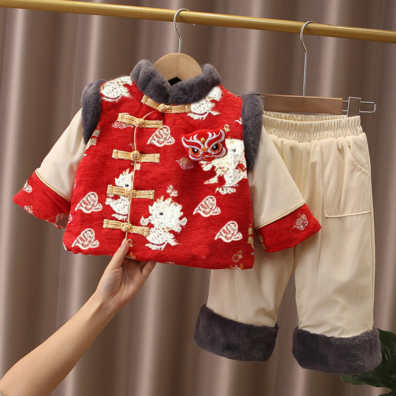 中式宝宝周岁礼服男童秋冬季加绒加厚新年拜年服婴儿生日抓周唐装