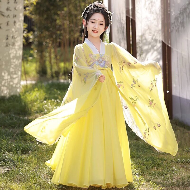 汉服女6童黄色超仙2024秋季新款古装唐装襦裙古风儿8童大袖衫古装