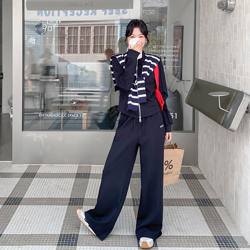 新款现货 针织藏青上衣+裤子+披肩三件套2C277-5807-P185-K278