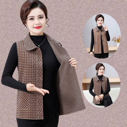 妈妈春秋装薄款单层格子马夹中老年女装大码宽松秋季上衣马甲坎肩