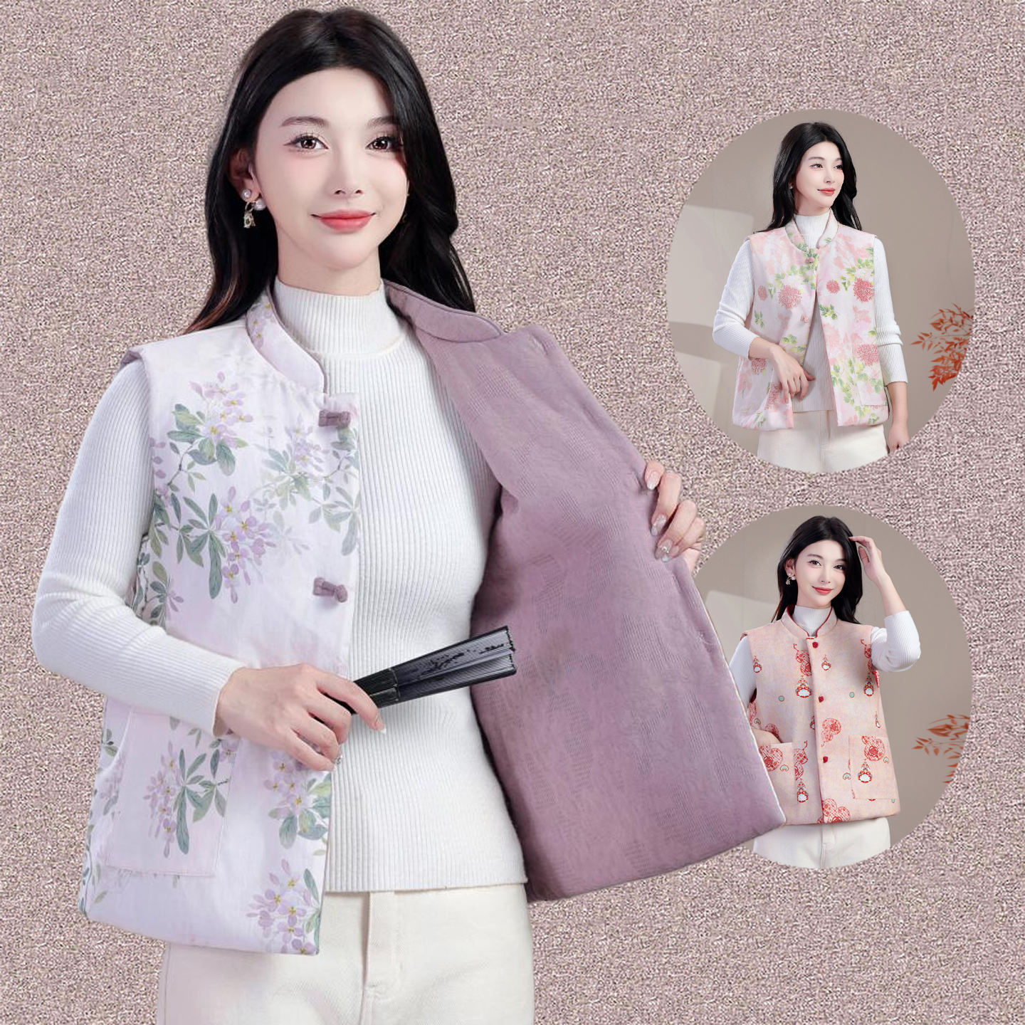 妈妈秋冬轻薄款新中式棉马夹中老年女装双面穿国风保暖棉马甲坎肩