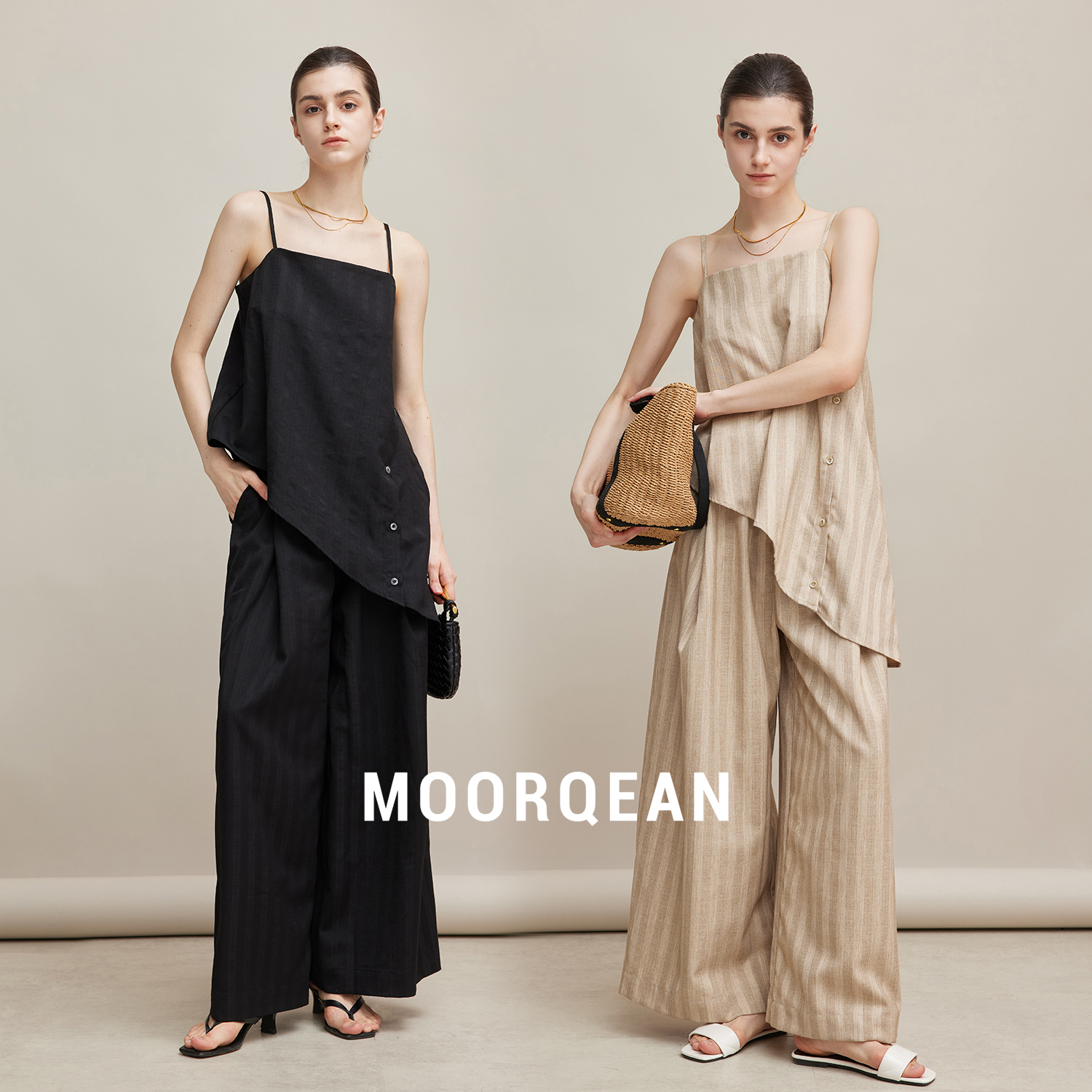 MOORQEAN法式时尚原创冰凉亲肤黑色条纹纽扣斜边吊带裤子两件套女