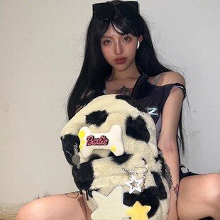 自制辣妹五角星骨头双肩包别针千禧亚比奶牛斑点爱心毛绒书包学生