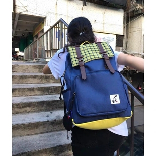 2024新款古着复古背包小众学生黄色格子拼接蓝色大容量双肩包