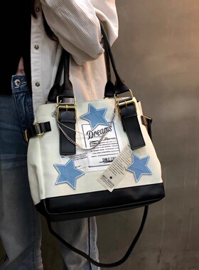 2023新款y2k千禧辣妹蓝星星托特包复古美式校园英文帆布大容量质