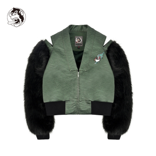 wookong悟空女装新品牛魔王重工刺绣深绿色短款夹克皮衣外套