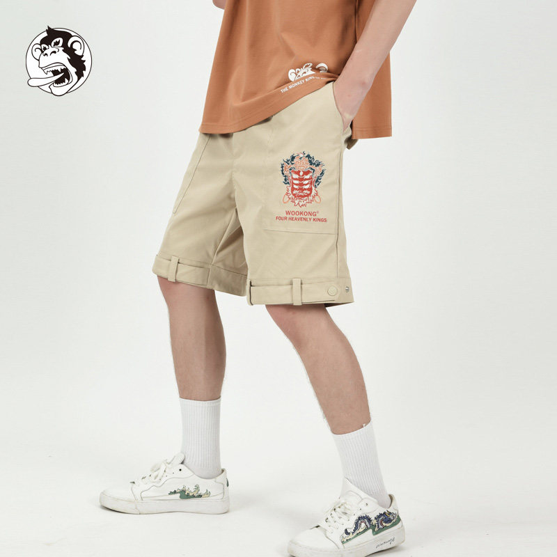wookong悟空夏季新品广目天王系列卡其色刺绣休闲短裤男士潮