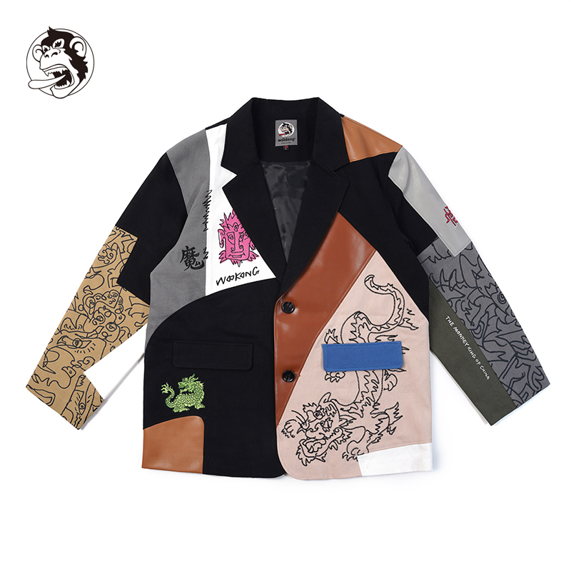 WOOKONG 悟空手绘国风图腾刺绣印花拼接休闲西装男士女潮流外套潮
