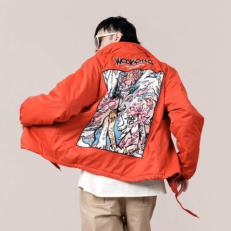 WOOKONG悟空新款太阴星君印花拼接教练夹克男士女冬季棉服