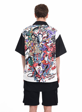 wookong悟空2025夏季新品72变黑色涂鸦印花衬衫男士短袖休闲潮