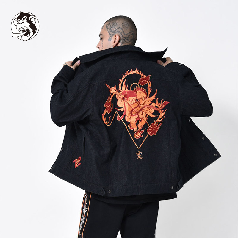 WOOKONG 72变 哪吒刺绣黑色休闲牛仔衣 春季夹克男士女休闲外套