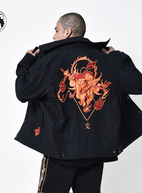 WOOKONG 72变 哪吒刺绣黑色休闲牛仔衣 春季夹克男士女休闲外套