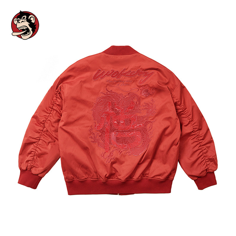 WOOKONG悟空赤龙刺绣棒球服春秋季男女休闲潮流夹克宽松红色外套