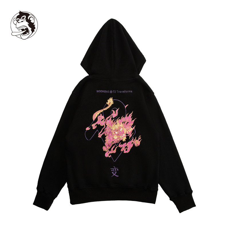 wookong悟空春季新款72变麒麟黑色刺绣连帽卫衣男士女休闲外套潮