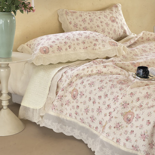 法式浪漫碎花小兔砂洗纯棉床盖三件套全棉水洗棉花边加厚铺盖床单