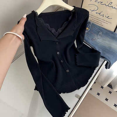 大码女装蕾丝拼接v领黑色