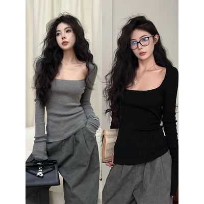 美式纯欲大领口针织衫上