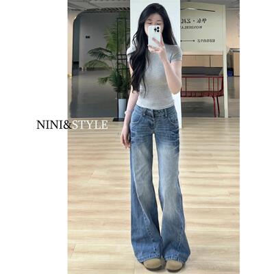 美式覆古低腰阔腿牛仔裤