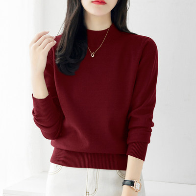 酒红色长袖羊毛针织衫女