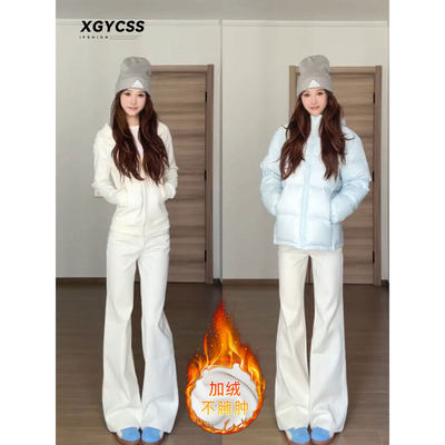 白色加绒微喇牛仔裤女202