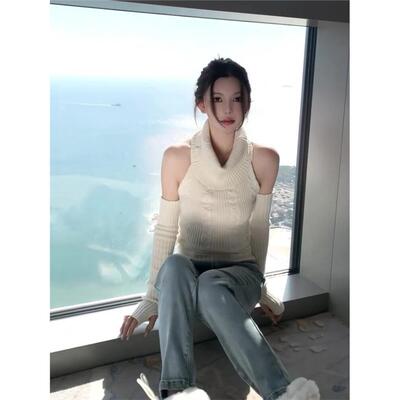 法式白色高领无袖针织背