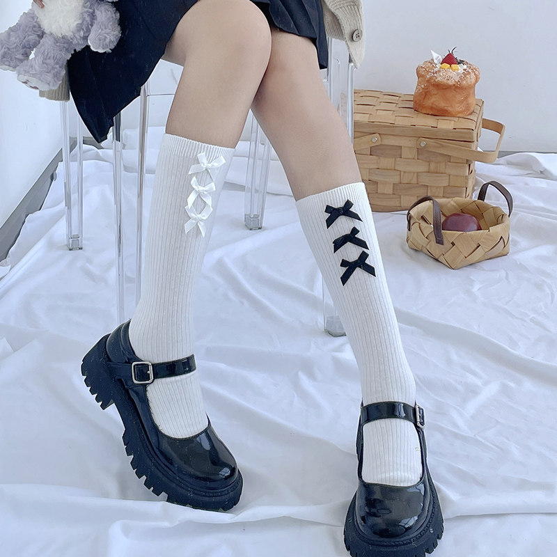 白色蝴蝶结长袜jk女中筒日系学院风春夏小腿袜韩版薄款黑色高筒袜
