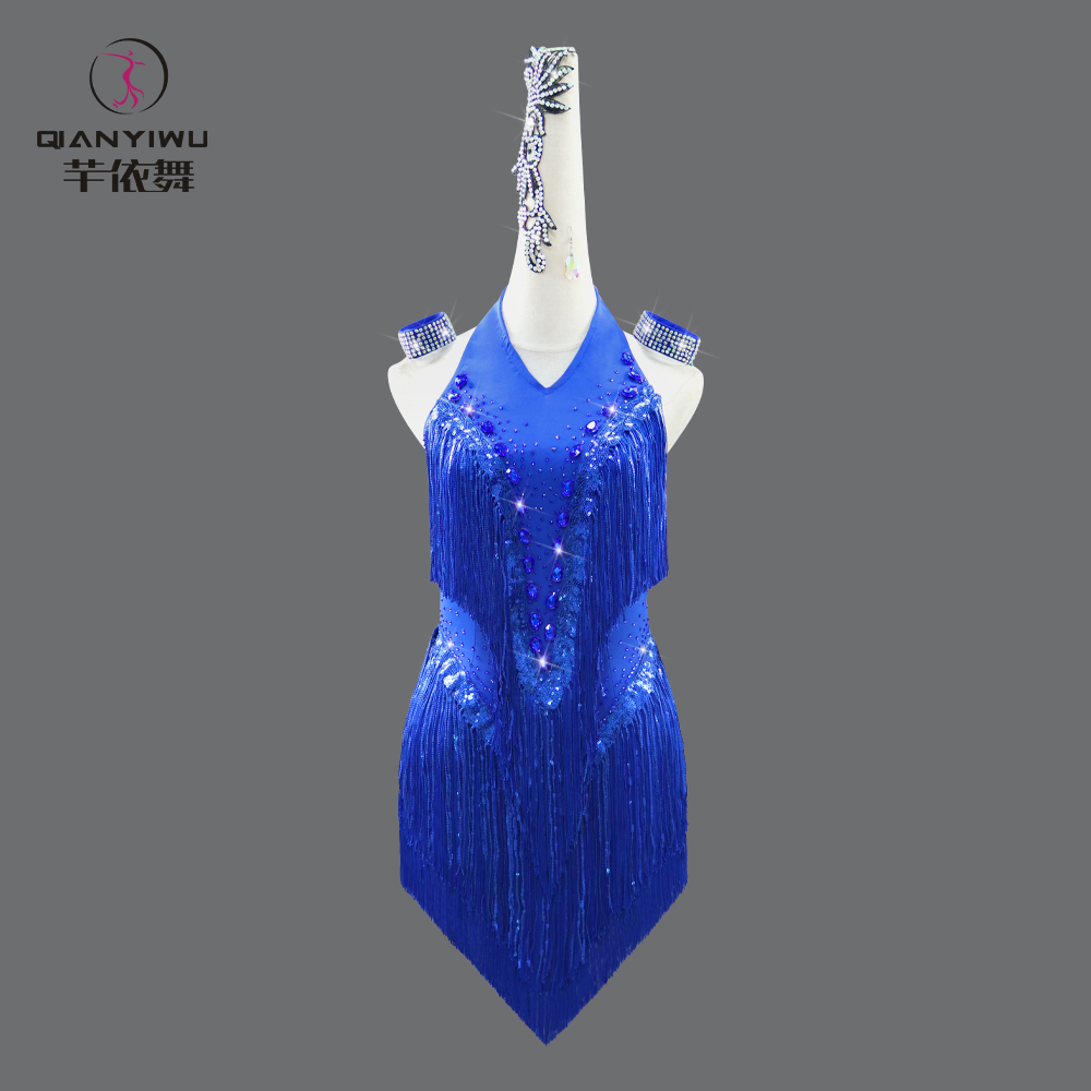 新款蓝色拉丁舞连衣裙专业亮片舞蹈比赛演出2025规定练习黑池花服