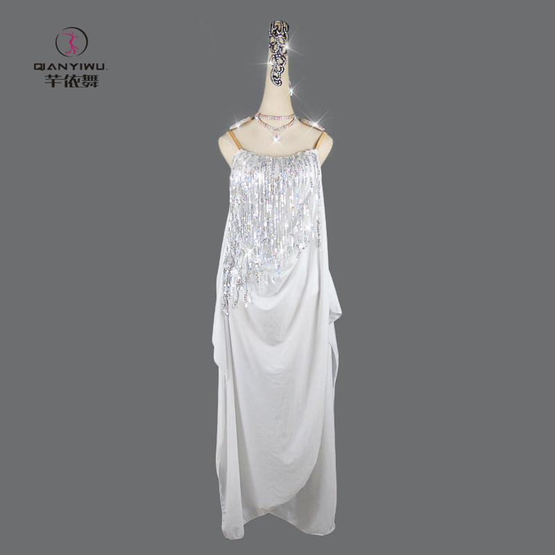 新款成人女拉丁舞裙表演出服比赛舞蹈连衣裙白色亮片伦巴高级订制