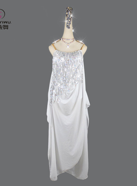 新款成人女拉丁舞裙表演出服比赛舞蹈连衣裙白色亮片伦巴高级订制