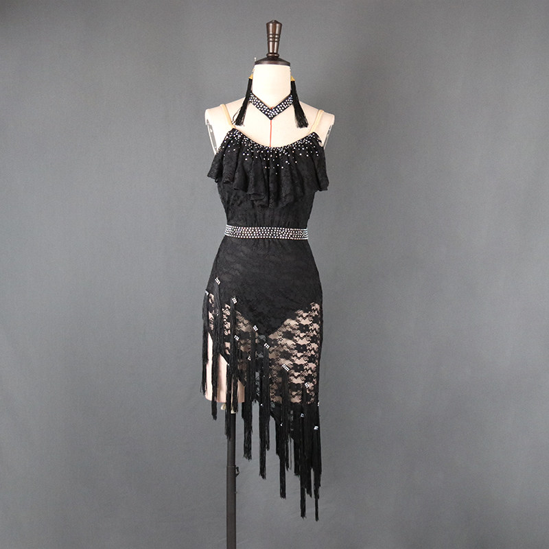 拉丁舞表演服女专业比赛服演出服白色黑色蕾丝流苏裙斜裙舞蹈服装