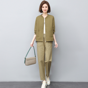 春秋新款时尚两件套女休闲宽松格子棒球服开衫休闲裤中老年妈妈装