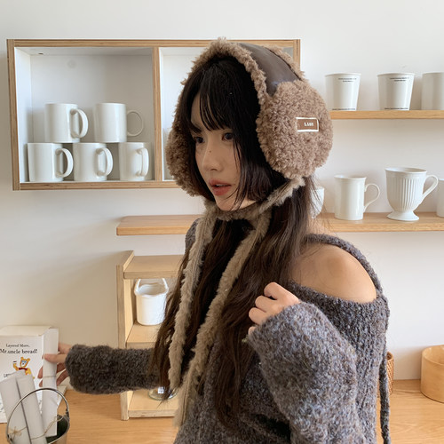 韩版复古保暖毛绒皮革耳包绑带