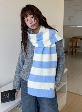 韩版条纹撞色针织围巾女秋冬