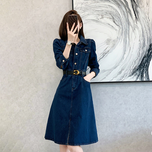 RM20868#牛仔连衣裙高腰复古收腰显瘦大摆A字中长裙春