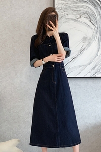 RM20869#牛仔连衣裙高腰显瘦复古宽松A字大摆中长袖中长款