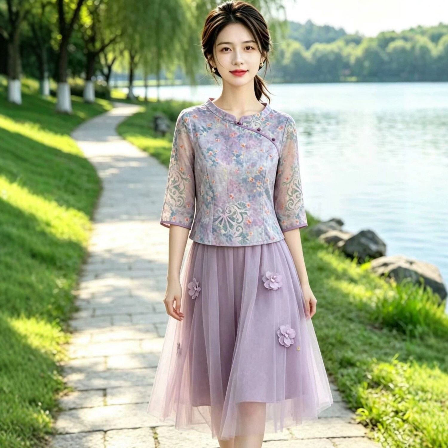 2026夏新中式国风少女复古禅意提花盘扣上衣网纱半身裙两件套装裙
