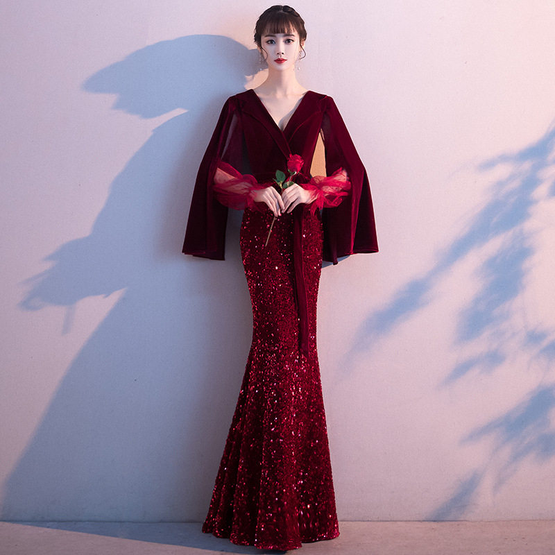 黑色红色晚礼服裙女2新款大气鱼尾修身长款气质年会主持人宴会服